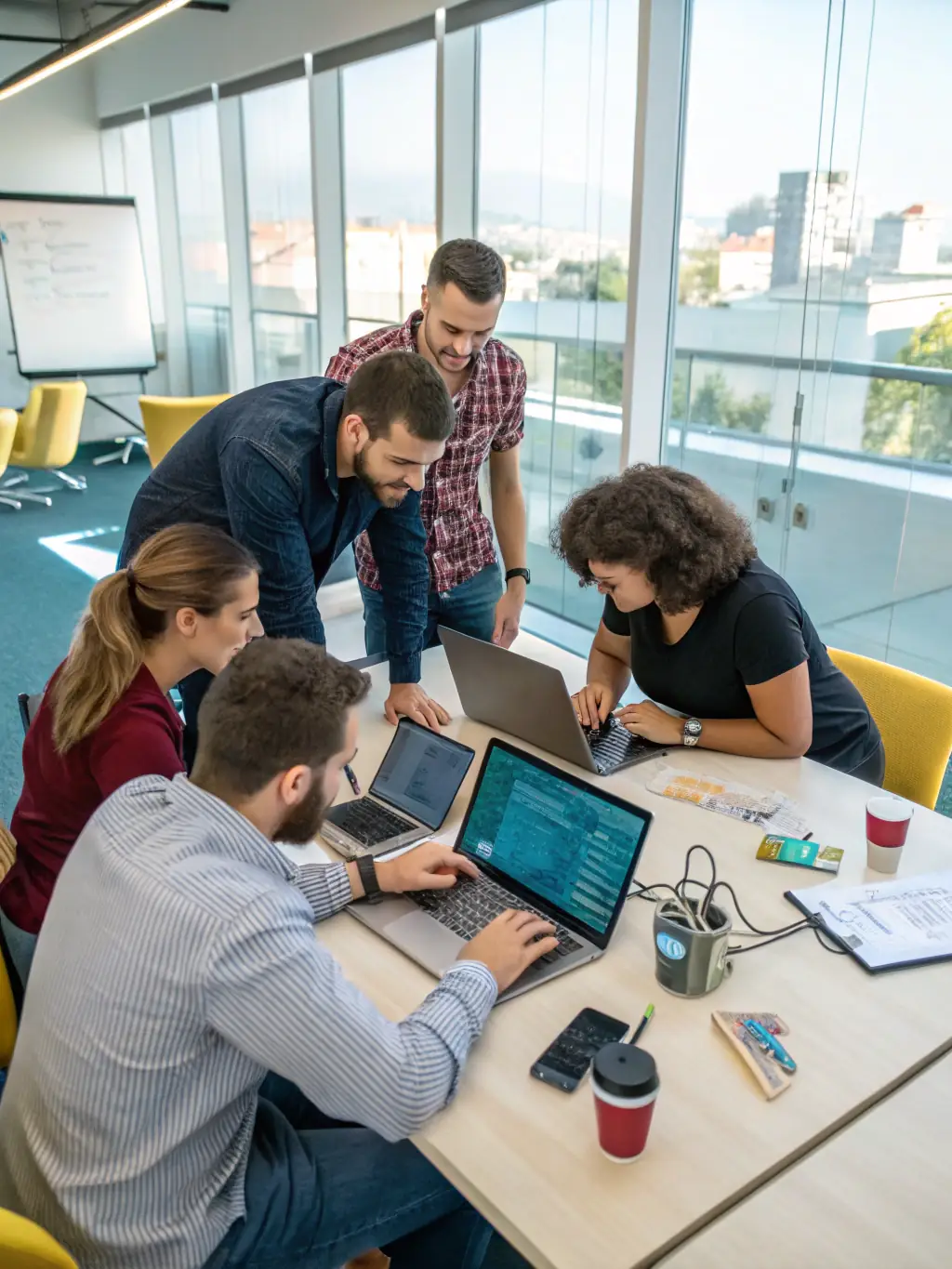 A diverse team of IT professionals collaborating on a project, showcasing Switch4Tech.in's commitment to providing comprehensive IT solutions.